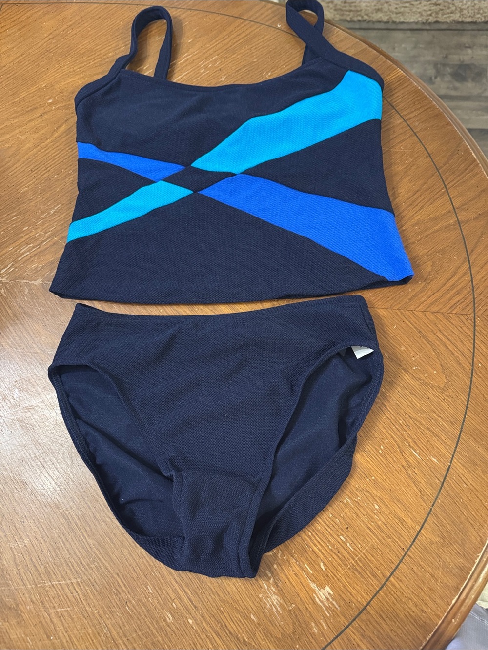Vintage Textured Navy Aqua Blue Colorblock Tankini Two-Piece Swim Set NWOT sz 12